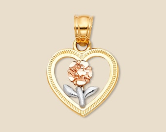14K Gold Tri-Color Heart Flower Pendant | Dainty Floral Charm | Fine Jewelry By Tehrani Jewelry