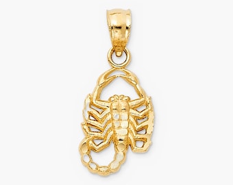 May include: A gold scorpion pendant featuring a detailed, segmented body, curved tail, and pincers. The pendant includes a polished gold bail at the top for attachment, showcasing a bright, metallic yellow finish throughout the entire piece.