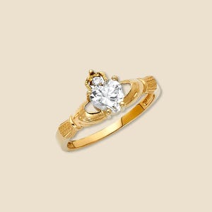 14K Yellow Gold Claddagh Ring | CZ Stone | Irish Love & Loyalty Symbol | Fine Jewelry By Tehrani Jewelry