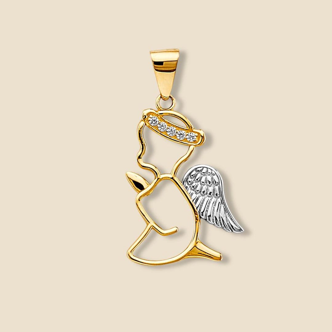 14K Two-tone CZ Angel Pendant | Dainty Religious Charm | Sparkling Gold ...