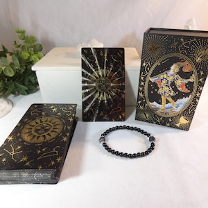 Rider Waite Black Gold Foil Tarot Card Deluxe Box Set with Free Gemstone Bracelet