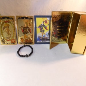 Rider Waite Gold Foil Tarot Card Deluxe Box Set with Free Gemstone Bracelet