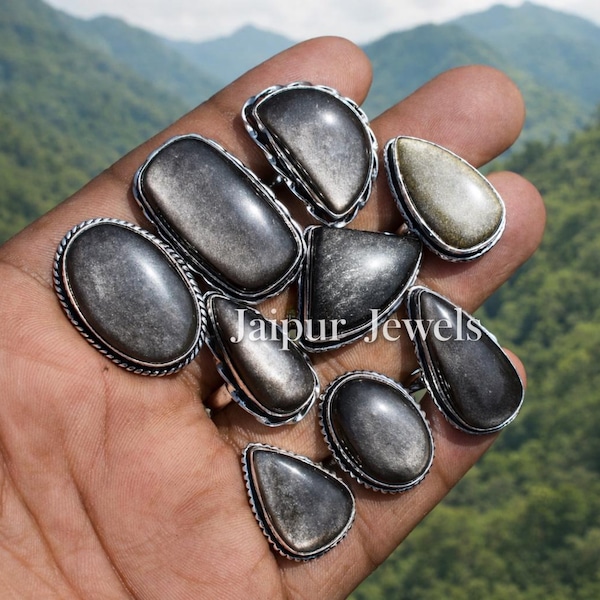 Natural Silver Sheen Obsidian Ring, Antique Boho Statement, 925 Sterling Silver Plated, mother day gift, gift for mom, birthday gift for mom