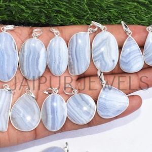 Natural Blue Lace Agate Gemstone Bezel Pendant / Handmade Jewelry / Wholesale Jewelry / Jewery for Gift / 925 Sterling Silver Plated Jewelry