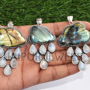 Natural Labradorite Cloud & Moonstone Drops Gemstone Pendant / Unique Pendant / Wholesale Jewelry / 925 Sterling Silver Plated Jewelry