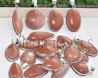 Colgante de piedra lunar melocotón natural, chapado en plata de ley 925, regalo para esposa.