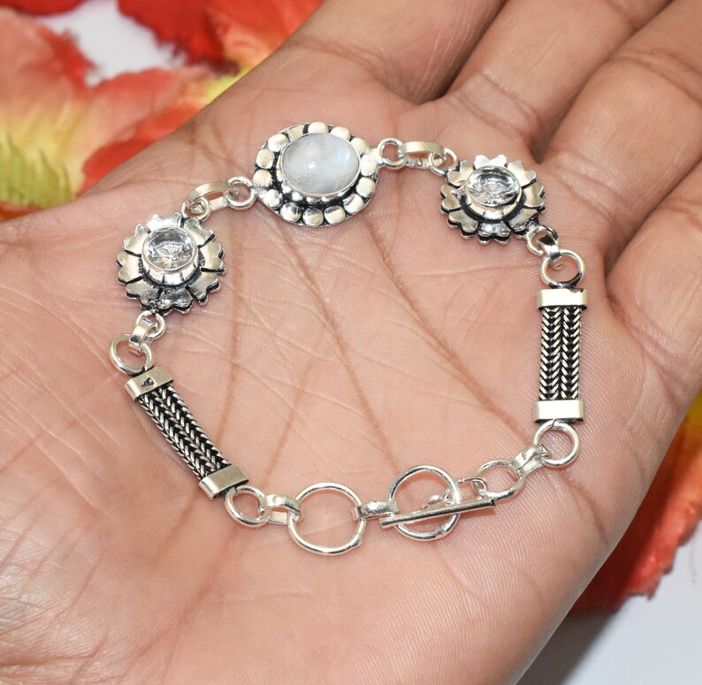 Rainbow Moonstone /& Clear Quartz Gemstone Bracelet Christmas Gift 925 Sterling Silver Plated Bracelet Size 8 SG 25