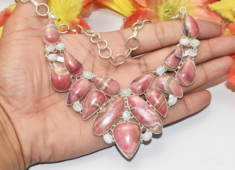 Natural Rhodochrosite Rainbow Moonstone Gemstone Necklace Ethnic Jewelry Vintage Jewelry 925 Sterling Silver Plated Size 20 SG-38