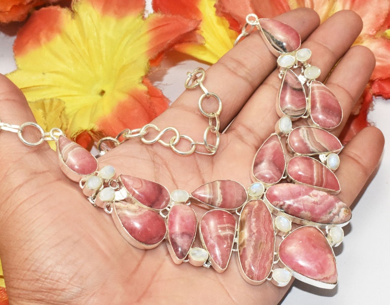 Natural Rhodochrosite Rainbow Moonstone Gemstone Necklace Ethnic Jewelry Vintage Jewelry 925 Sterling Silver Plated Size 20 SG-38