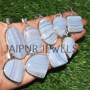 Natural Blue Lace Agate Gemstone Pendant / Handmade Jewelry / Wholesale Jewelry / Jewery for Gift / 925 Sterling Silver Plated Jewelry