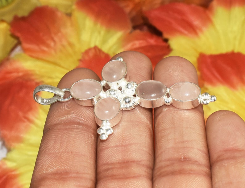 Beautiful Natural Rose Quartz Cross Pendant Gemstone Pendant Ethnic Jewelry Vintage Jewelry 925 Sterling Silver Plated SG-53