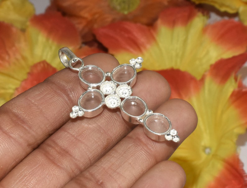 Beautiful Natural Rose Quartz Cross Pendant Gemstone Pendant Ethnic Jewelry Vintage Jewelry 925 Sterling Silver Plated SG-53