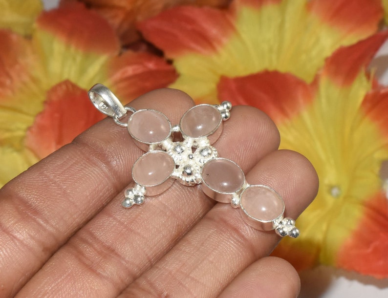 Beautiful Natural Rose Quartz Cross Pendant Gemstone Pendant Ethnic Jewelry Vintage Jewelry 925 Sterling Silver Plated SG-53
