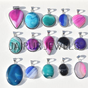 Natural Mix Banded Agate Gemstone Pendant / Handmade Jewelry / Wholesale Jewelry / Jewelry for Gift / 925 Sterling Silver Plated Jewelry