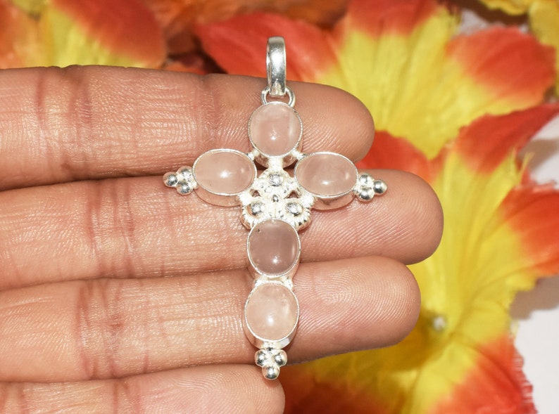 Beautiful Natural Rose Quartz Cross Pendant Gemstone Pendant Ethnic Jewelry Vintage Jewelry 925 Sterling Silver Plated SG-53
