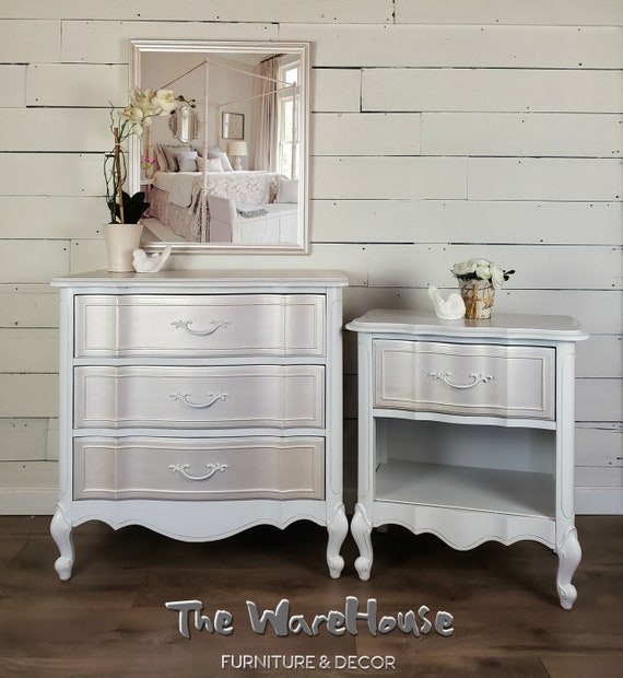 French Provincial Bedroom Set White Dresser White Nightstand Metallic Dresser Metallic Nightstand French Vintage French Decor