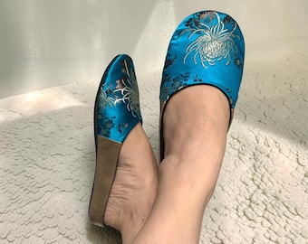 Handmade Blue Satin Slippers with Gold Flower