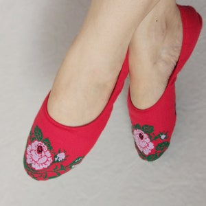 Handmade Cotton Ballet Slippers: Embroidered Rose Travel Shoes