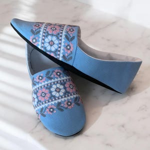 Linen Ballet Slippers: Hand Embroidered Floral Travel Shoes