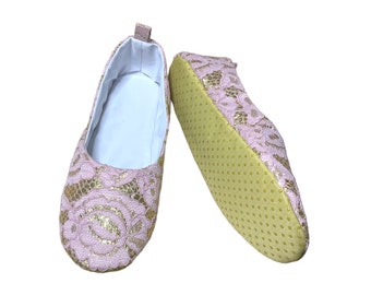 Wedding ballet slippers Handmade Pink-Gold bling, House elegant slippers, Light weight travel slippers, Gift for the woman and gerl