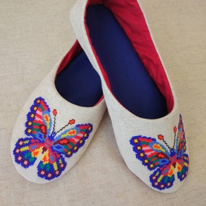 House elegant slippers butterfly, ballet slippers hand embroidery, Light weight travel slippers.Ethnic Ukraine