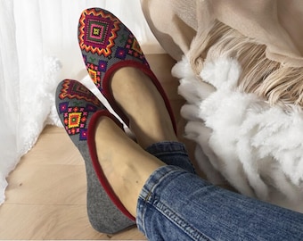 light elegant felt slippers with hand embroidered geometric ethnic pattern of Ukraine