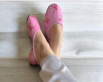 Handmade Silk Slippers: Pink Rose Pattern, Lightweight Travel Shoes