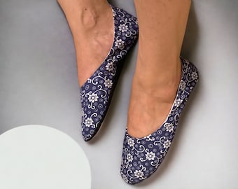 Handmade Cotton Slippers: Elegant Blue Floral Home Shoes
