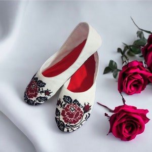 Handmade Linen Ballet Slippers: Embroidered Rose Travel Shoes