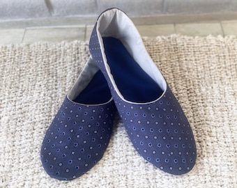 Handmade Blue Cotton Slippers: Elegant Travel Home Shoes