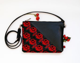 black crossbody bag, Vegan Crossbody Purse,Crossbody Bag, Gift for Her,  Floral Crossbody Bag, Mothers Day gift