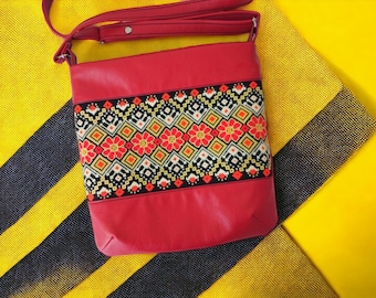 Hand embroidery, Red crossbody hippie bag vegan, Ethno embroidered, Folk embroidery Ukraine, ethno crossbody bag faux leather