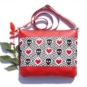 Bolso rojo con calavera bordada, bolso bandolera con cremallera de piel sintética, regalo para ella.