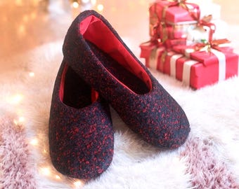 Handmade Wool Blend House Slippers: Burgundy Warm Shoes