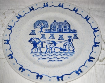 Metlox Poppy Trail Harvest Design 10" Dia Dinner Plate ~White and Blue ~Excellent Condition