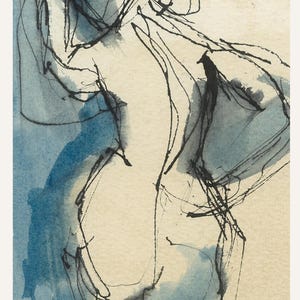 Peut inclure: Œuvre d'art abstraite à l'aquarelle et à l'encre représentant une figure avec des accents bleus et noirs. La forme de la figure est suggérée par des lignes lâches et expressives et des lavis de bleu, sur fond crème.