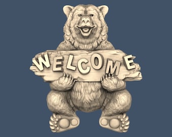 Bear Grizzly animal Welcome Sign STL Model CNC Router Engraver Artcam Aspire CNC files Wood Art Wall Decor VCarve Cut3D Relief