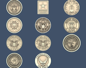 May include: Nine different military branch seals, including the Army, Navy, Air Force, Coast Guard, and Department of Defense. Each seal is a circular design with a gold-colored metal finish and intricate details.
