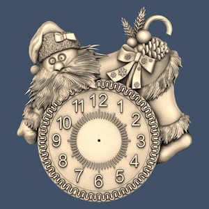 May include: A 3D-printed clock featuring a Santa Claus figure holding a clock face with Roman numerals. The clock is decorated with a festive Christmas stocking and a bow.