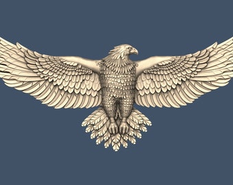 May include: A detailed, 3D-printed sculpture of an eagle with its wings spread wide. The eagle is made of a light brown material and has a realistic appearance.