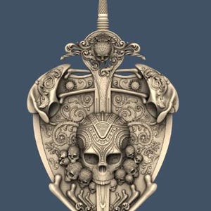 May include: A detailed, beige-colored shield and sword design. The shield features a large skull with smaller skulls and intricate scrollwork. A sword is centered, with a skull on the hilt. The design is against a dark blue background.