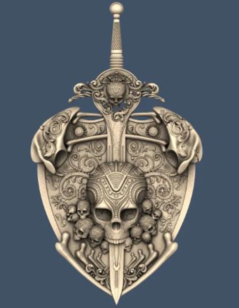 May include: A detailed, beige-colored shield and sword design. The shield features a large skull with smaller skulls and intricate scrollwork. A sword is centered, with a skull on the hilt. The design is against a dark blue background.