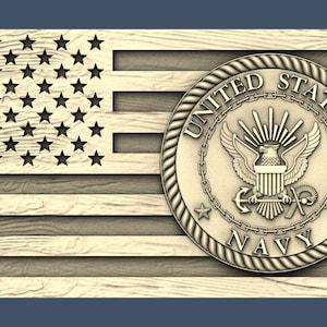 May include: A wooden American flag with a carved United States Navy seal in the lower right corner. The seal is gold and features an eagle with a shield and anchor.