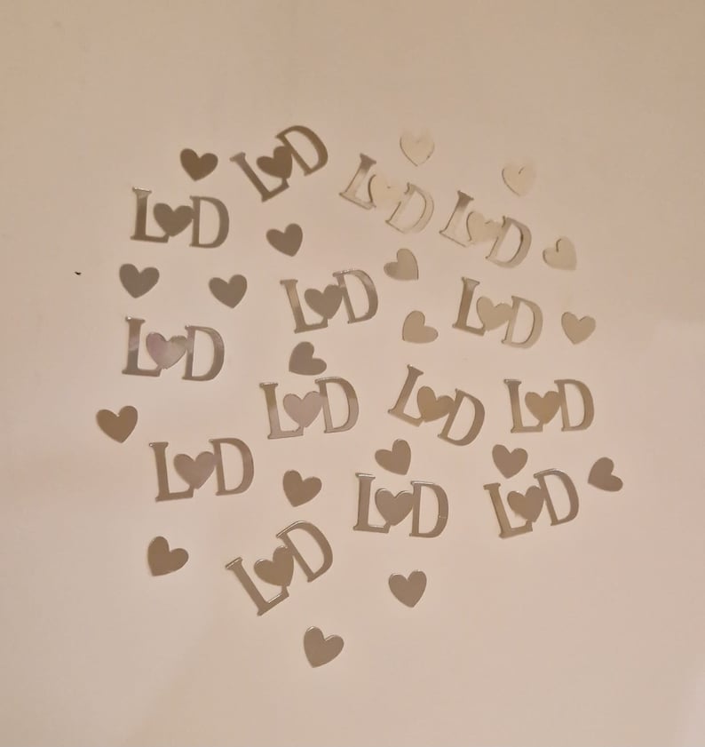 Wedding/Engagement Party Table confetti, Personalised Initial Table Confetti ,50 pieces 25 initials and 25 hearts pieces Mirror Silver
