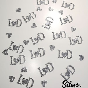 Wedding/Engagement Party Table confetti, Personalised Initial Table Confetti ,50 pieces 25 initials and 25 hearts pieces Silver Glitter