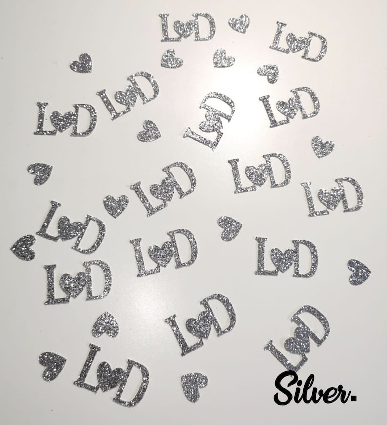 Wedding/Engagement Party Table confetti, Personalised Initial Table Confetti ,50 pieces 25 initials and 25 hearts pieces Silver Glitter