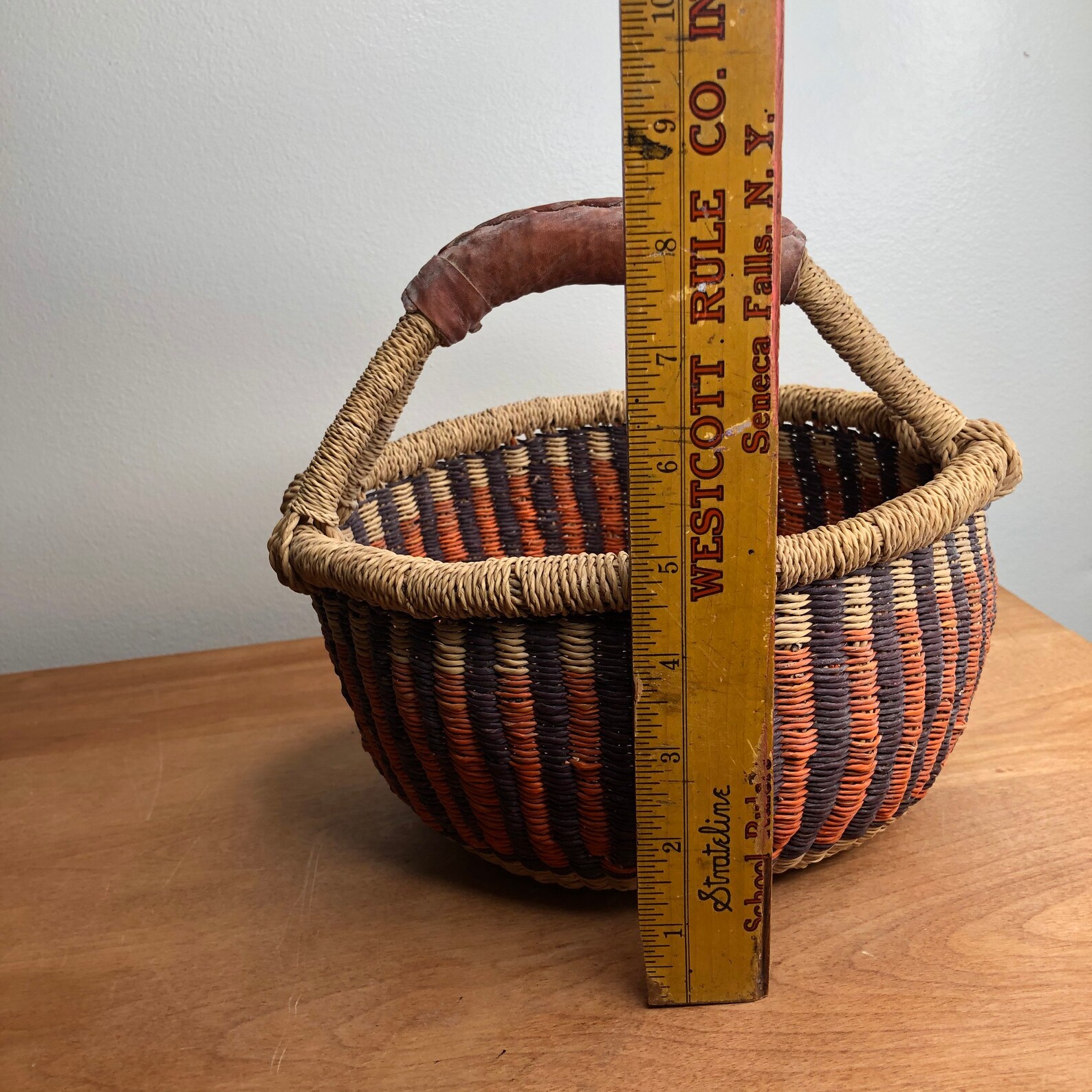 Antique Hand Woven 8 Basket with Leather Handle Vintage | Etsy