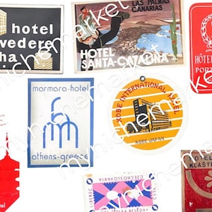 Labels voor hotelbagage, reislabels voor thuisdecoratie, upcyclingkoffers, knutselwerkjes, reiskoffers en tijdschriften, bagagelabels, digitaal vel