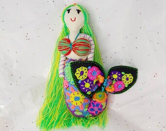 Sweet Lime Green 10" Beautiful Mexican Handmade Stuffed Embroidered Vibrant Felt Mermaid Sirena Plush