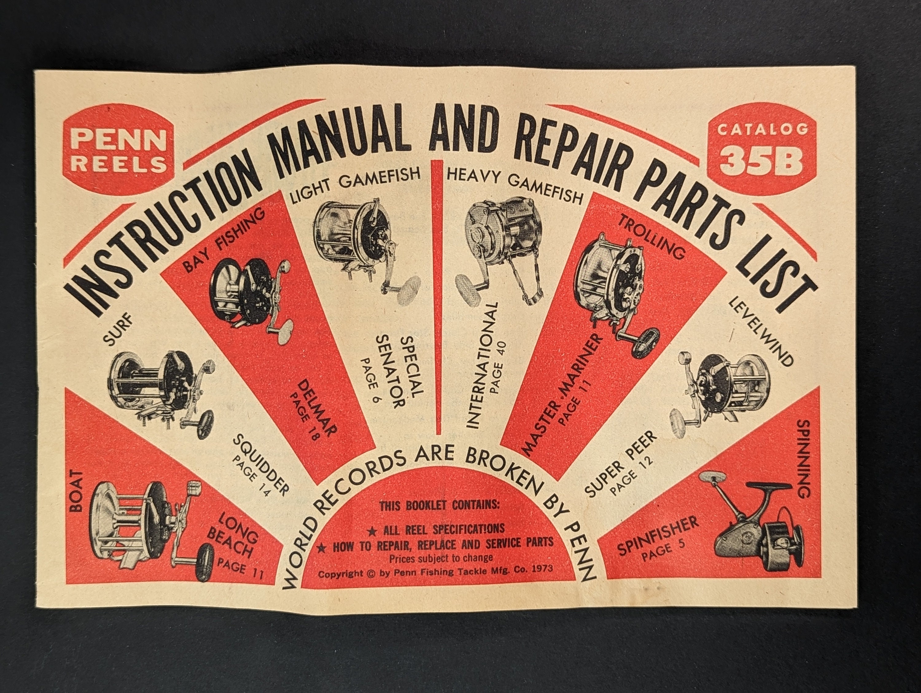 Vintage 1973 Penn Reels Catalog 35B Instruction & Repair Parts List  Excellent 